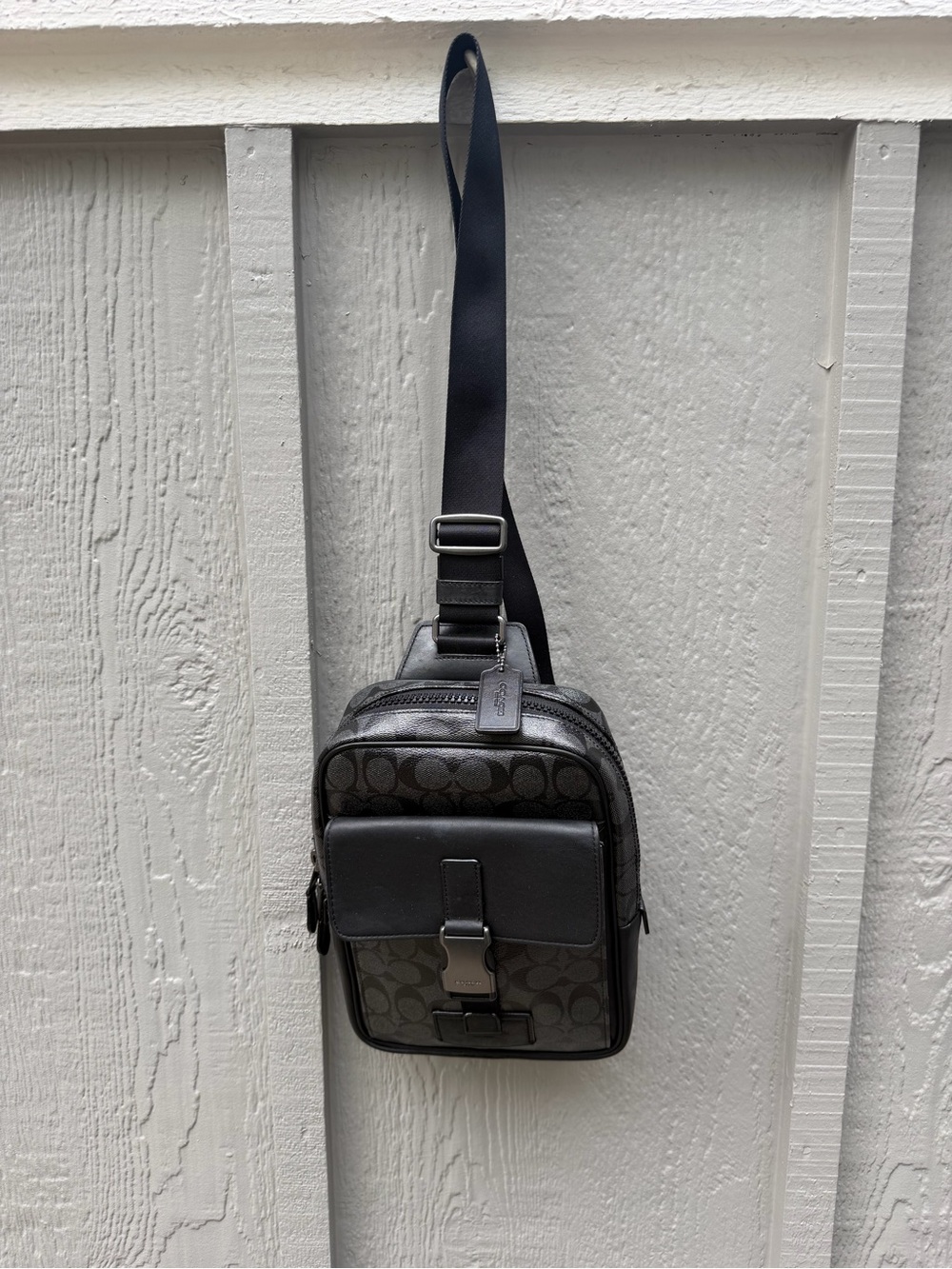 Coach Men’s Track Pack in Charcoal/Black Signature Coated Canvas